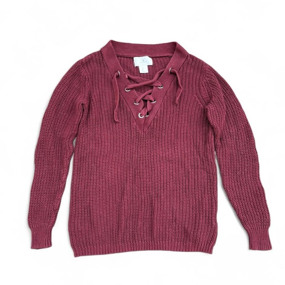 Ruby Moon corset tie up deep v neck 100% cotton sweater Bordeaux Red Wine Maroon
